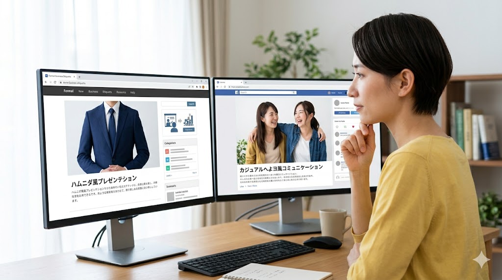 デスクで、韓国語のフォーマルな「ハムニダ体」とカジュアルな「ヘヨ体」の違いを比較する日本人の女性。画面上のアイコンでニュアンスの違いを表現。