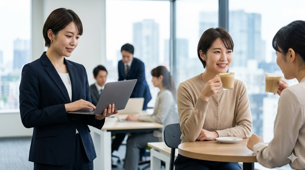 オフィスでのフォーマルなハムニダ体と、カフェでのカジュアルなヘヨ体を使い分ける日本人女性。