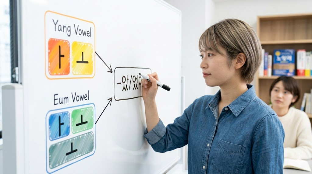 日本人女性学習者が教室のホワイトボードに韓国語過去形の構造図を描く、陽母音と陰母音の使い分けを可視化