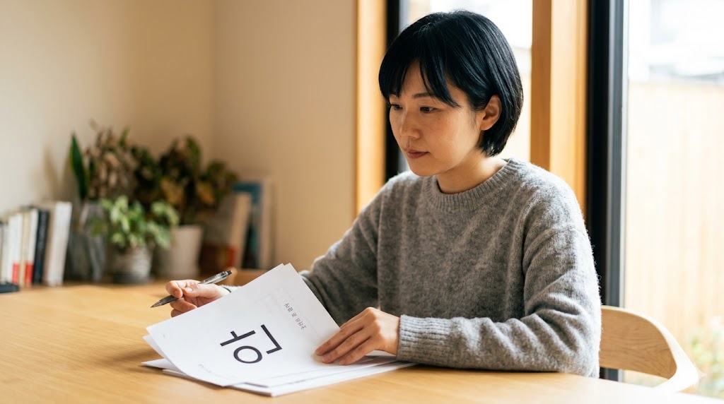 日本人の女子学生が、自宅のデスクで「안（意志）」と「못（不可能）」の否定表現について韓国語を勉強している。