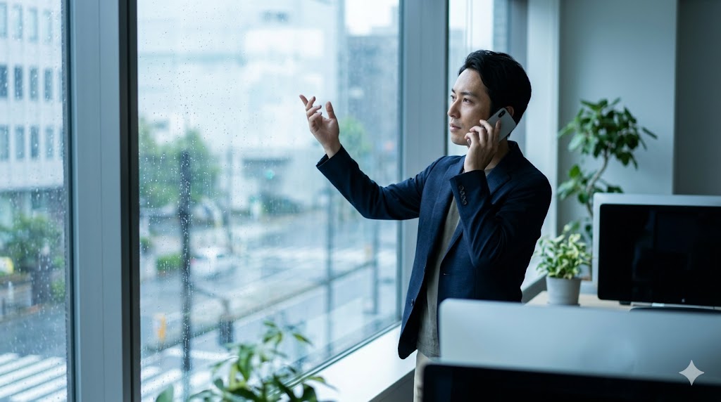 東京のオフィスビルから、窓の外の曇り空を眺めながら同僚と話す日本人男性。天気予報が映ったスマートフォンを指差し、午後の雨を予想している。-(으)ㄹ 거예요の「強い推量」のニュアンスを視覚的に表現する