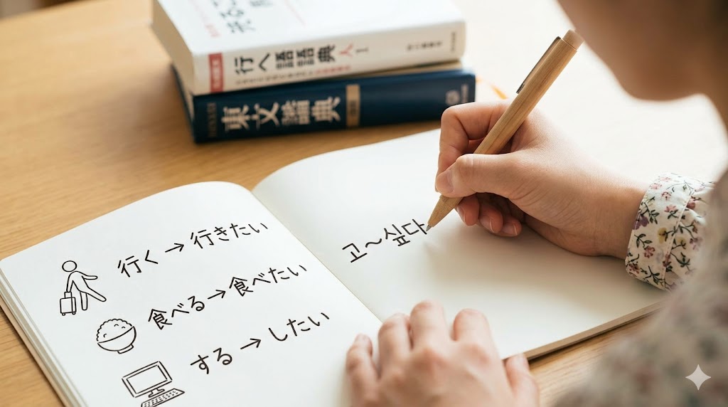 韓国語の勉強をしている日本人女性の手元。ノートには「가다（行く）」「먹다（食べる）」「하다（する）」という動詞の語幹に「고 싶다」が接続され、それぞれの願望表現が完成する過程が手書きで分かりやすく図解されている。