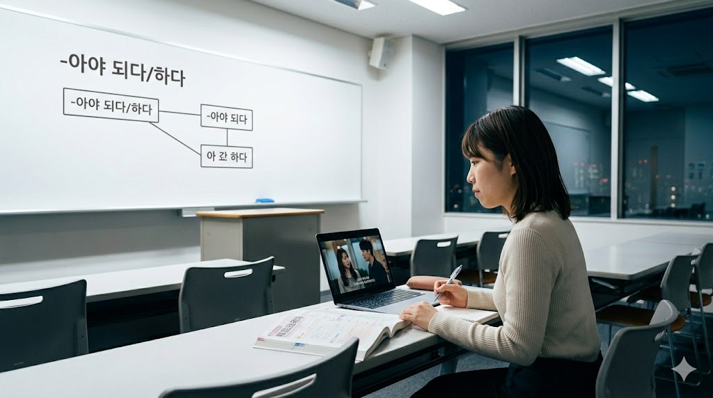 教室で韓国ドラマを見ながら、教科書と照らし合わせて「〜しなければならない」の文法接続を学ぶ日本人学生。ドラマのセリフが学習に活きる様子。