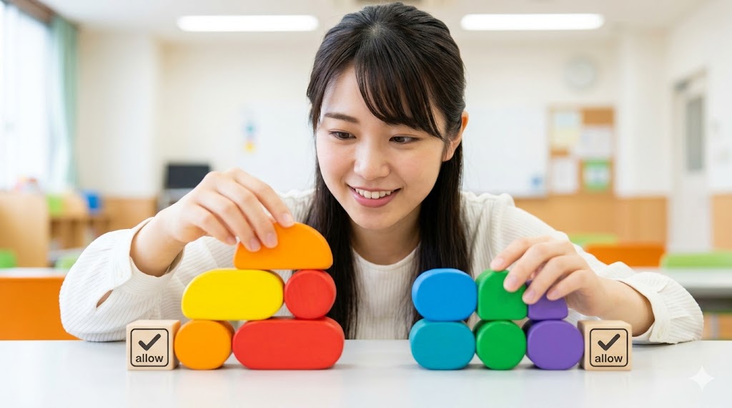 韓国語の陽母音と陰母音の活用ルールを、色分けした大きな木製ブロックで視覚的に表現する日本人女性。