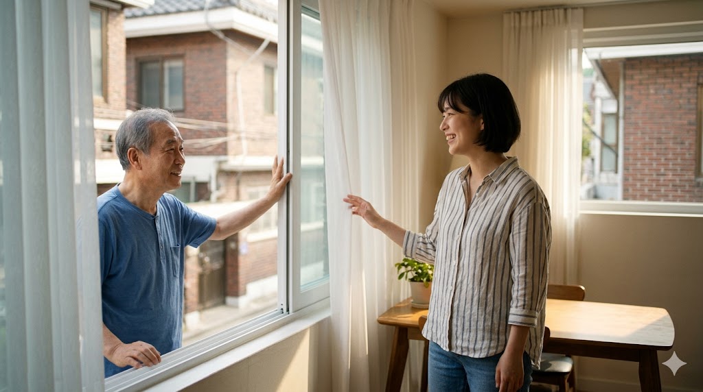 ソウルのアパートで、日本人の女性が韓国人の年配男性に窓を開けてもらい、感謝の笑顔を見せる様子。韓国語の依頼表現「-아/어 주세요」に含まれる、相手からの「恩恵」や配慮のニュアンスを視覚化したイメージ。