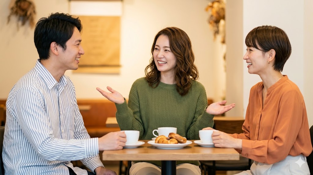 東京のカジュアルなカフェで、3人の日本人男女がリラックスして会話を楽しんでいる。ヘヨ体を使った自然で丁寧な日常会話の様子。