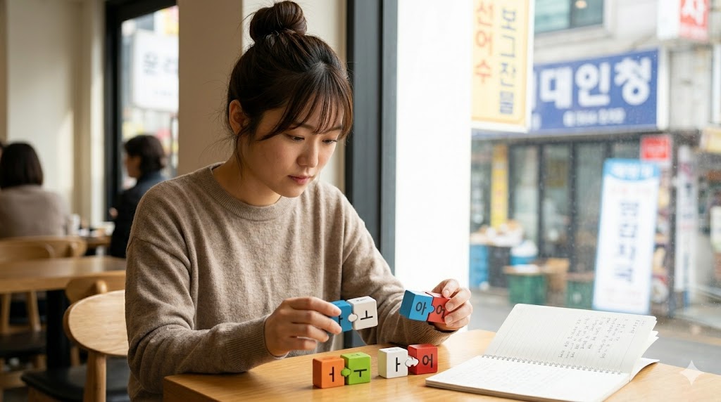 ソウルのカフェで、韓国語の陽母音（ㅏ, ㅗ）と陰母音（ㅓ, ㅜ）のブロックを、それぞれの「서」と自然に結合させる練習をする日本人女性。