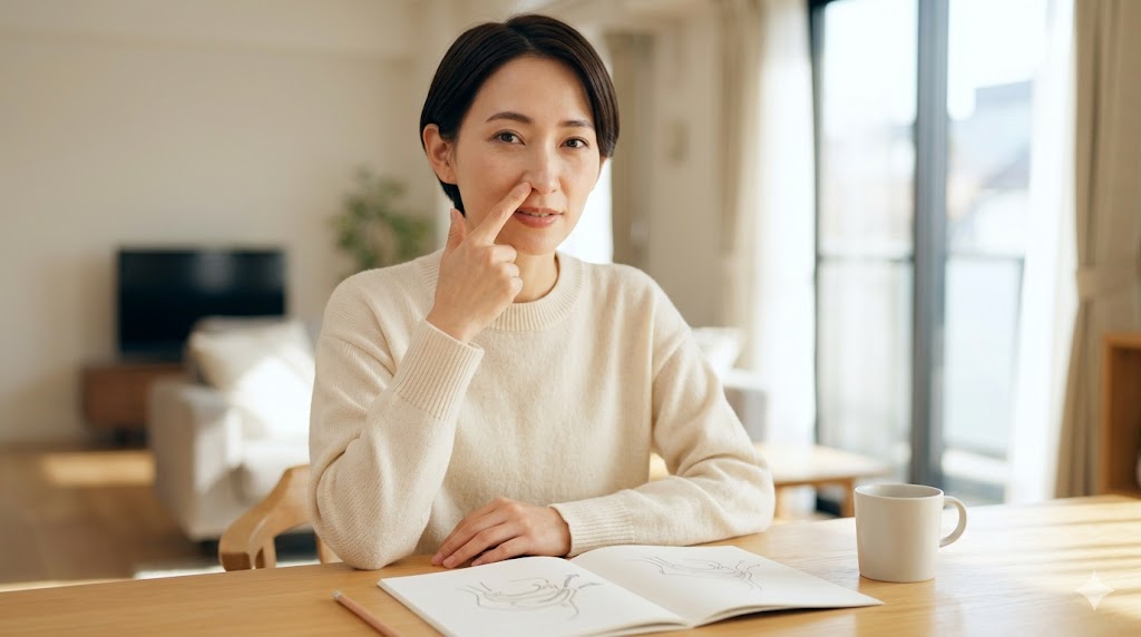 韓国語の鼻音化について、音が鼻に抜ける感覚を指差して説明する日本人女性。