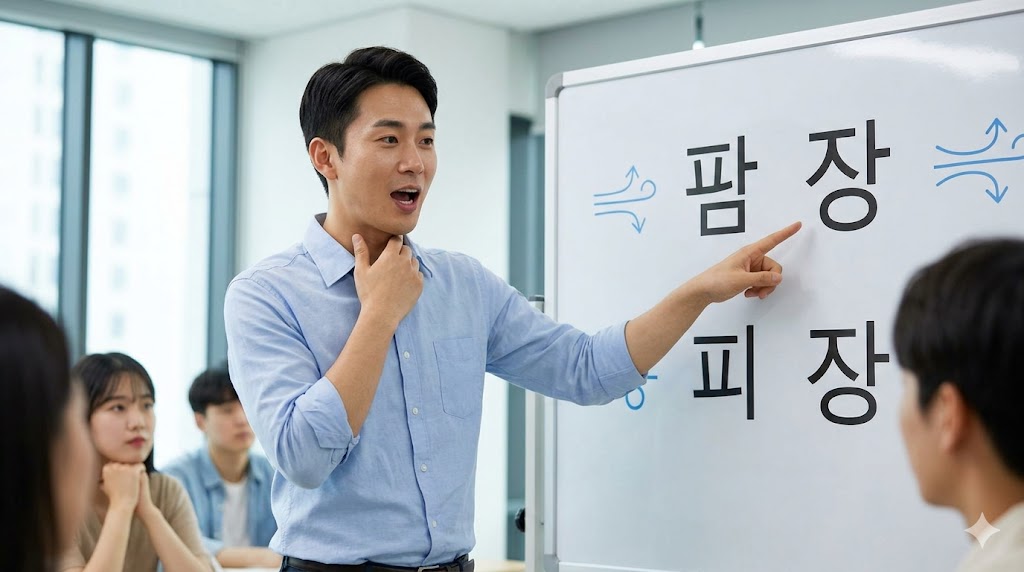 教室で韓国語の濃音発音を熱心に指導する男性講師。口と喉の使い方を実演し、学生が真剣に学んでいる。