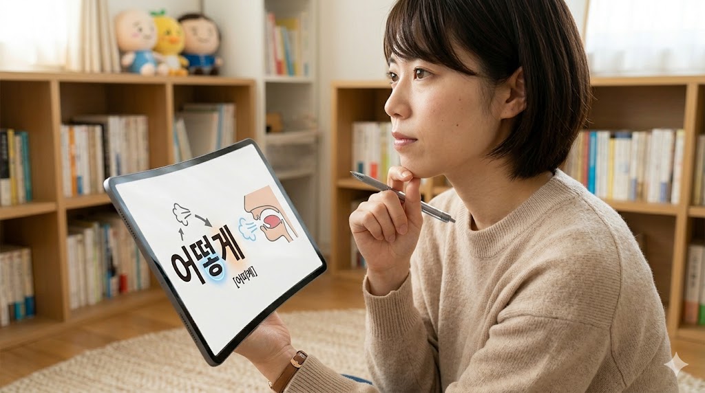 韓国語の発音変化「激音化」の仕組みを視覚化。平音（ㄱ, ㄷ, ㅂ, ㅈ）と「ㅎ」が合体し、息の強い激音（ㅋ, ㅌ, ㅍ, ㅊ）へ進化するイメージ。アジア人女性が概念を理解する様子。