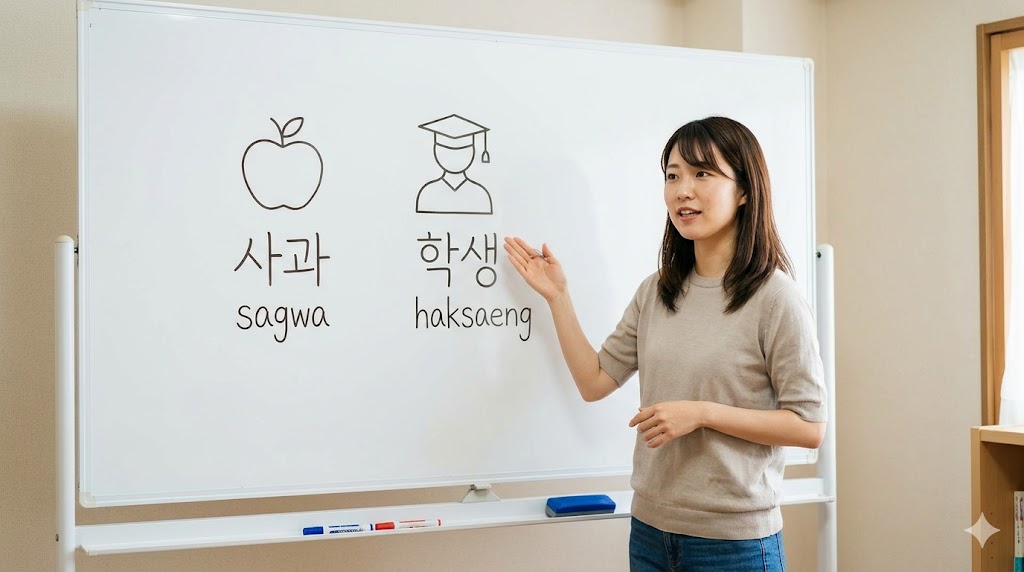 パッチムの有無による「-예요/이에요」の使い分けを白板で解説する講師。