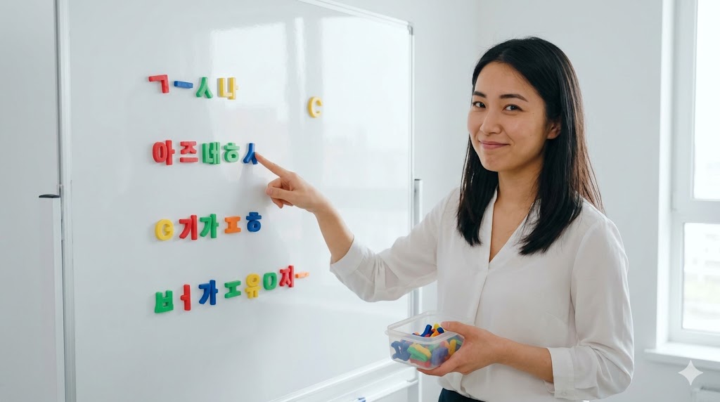 韓国語の学習者が、パッチムがある名詞に助詞「이」を付ける仕組みを、ホワイトボードに文字を貼って理解している様子。