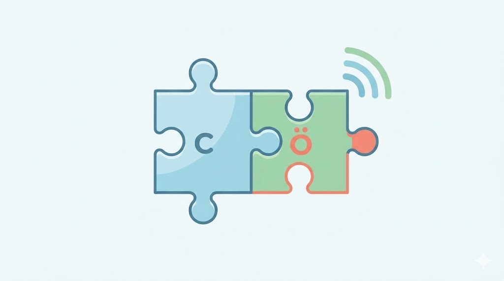 パズルのピースが組み合わさるような、滑らかな発音（連音化）を表す概念図。子音と母音が合体するイメージ。