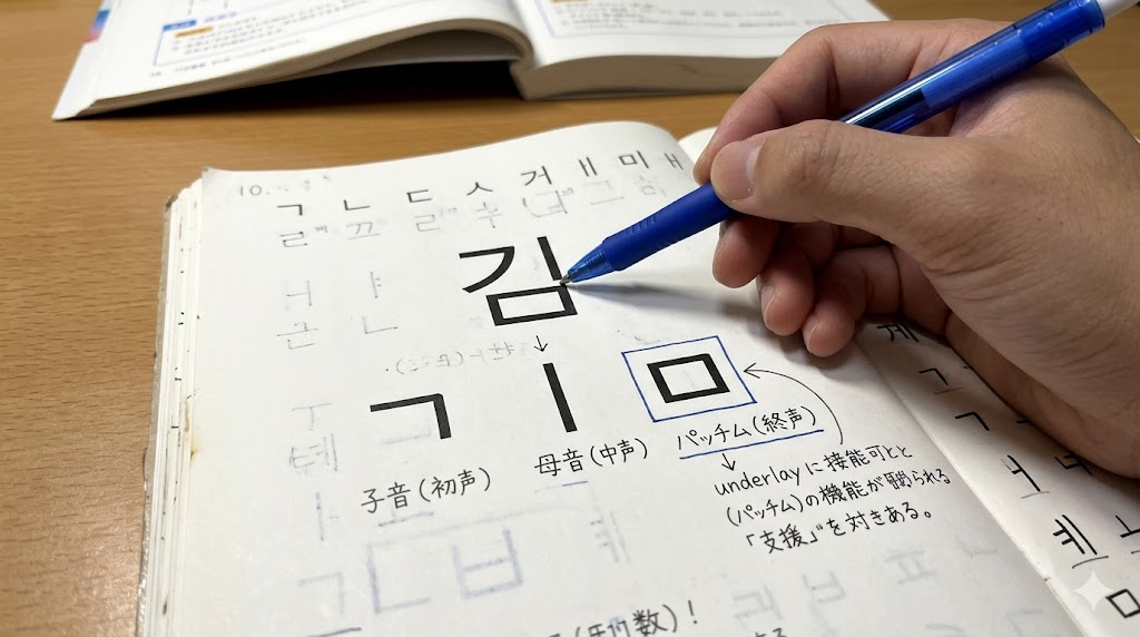 韓国語の文字「김」の構造を、手書きのイラストと矢印で解説している、ノートのクローズアップ画像。アジア人の手が、文字の一番下にあるパッチム「ㅁ（m）」を指差しており、パッチムが「下敷き」や「支え」という意味を持つ子音であることを視覚的に説明している。