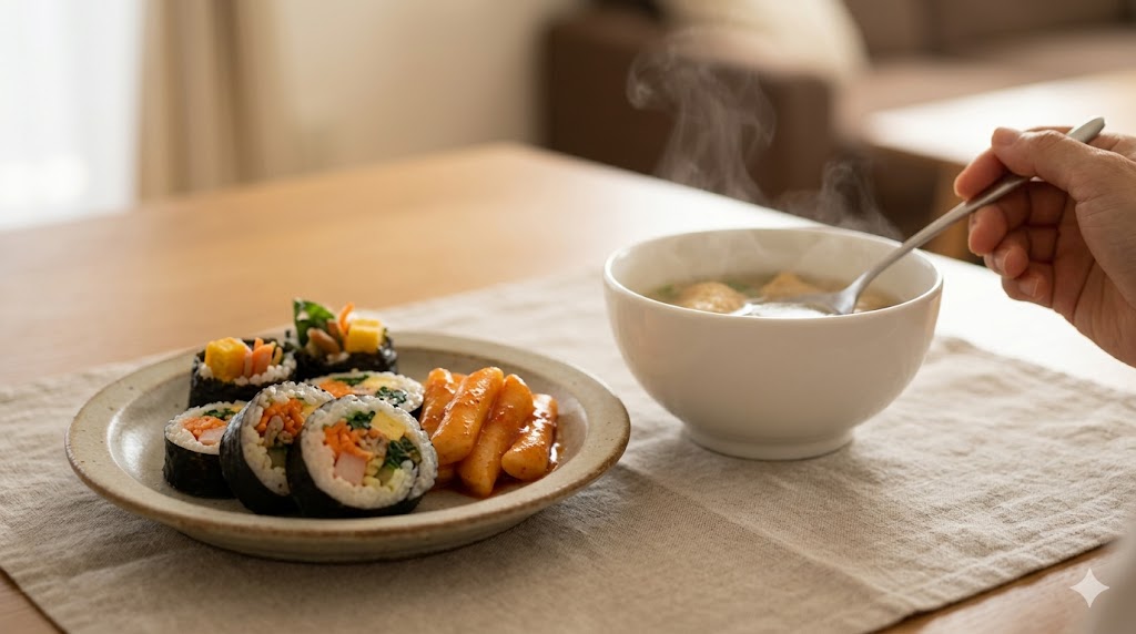 湯気が立つ美味しそうな韓国料理（キンパとトッポギ、オムクタン）が並ぶ、日本の家庭の食卓。手前に見える女性の手が、料理の味を推測し、期待している様子を伝えている。