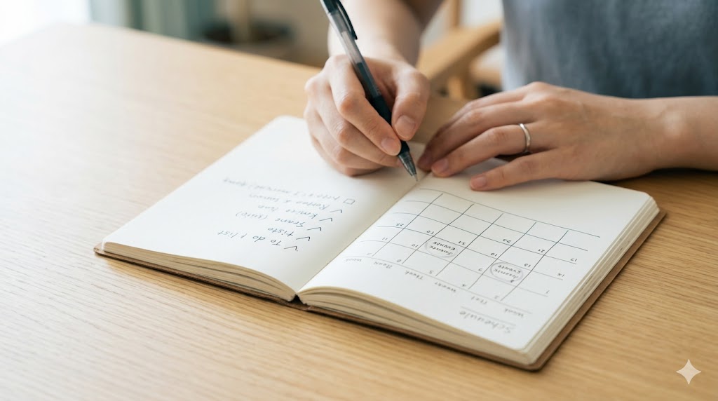 カレンダーとノートを広げ、ペンを持つ日本人の女性の手元。主観的な「意志」と客観的な「予定」の使い分けを考えている様子を表現している。