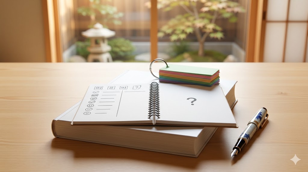 カレンダーとノートを広げ、ペンを持つ日本人の女性の手元。主観的な「意志」と客観的な「予定」の使い分けを考えている様子を表現している。