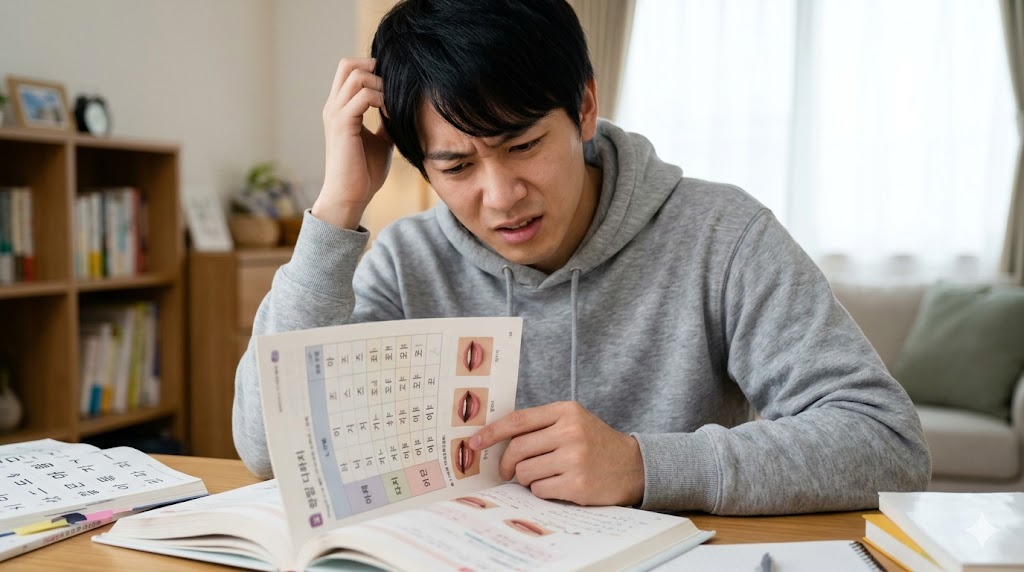 学習机に座り、ハングルの二重母音のテキストを見ながら、複雑な表情で少し悩んでいる日本人男性。