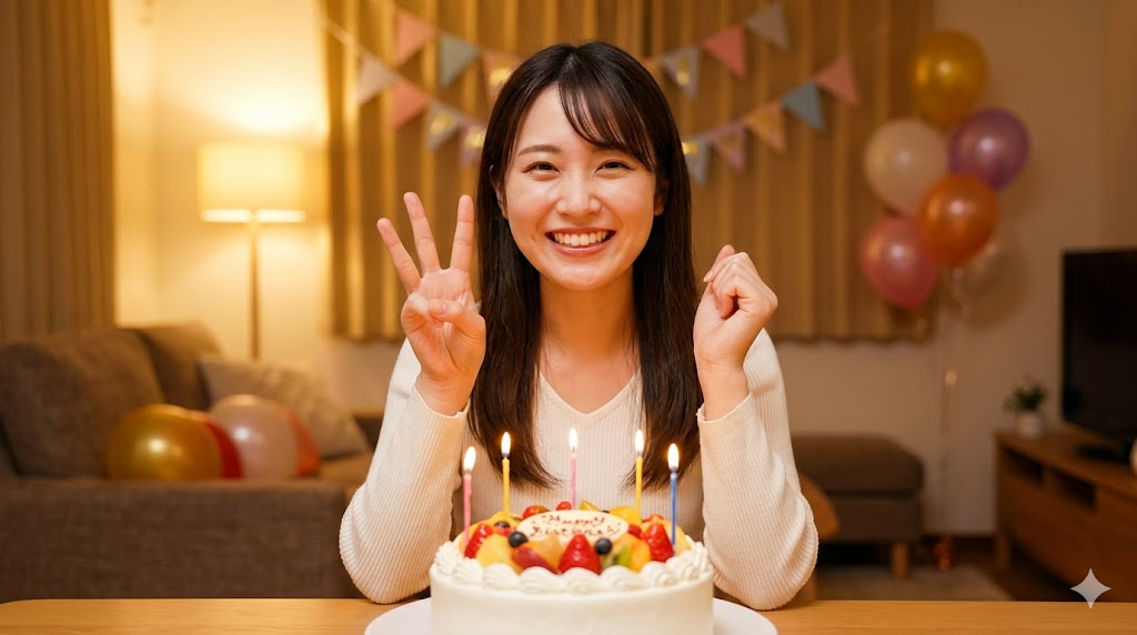 豪華な誕生日ケーキを前に、笑顔で自分の年齢を指で「3」と示す日本人女性。