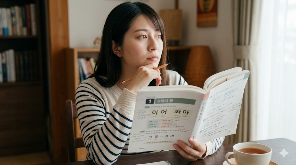 韓国語のㄷパッチムを持つ単語の中で、ㄷ変則のルールに従わず、母音が続いても変化しない「例外（正則活用）」の単語を、集中してノートに書き出し、覚えようとしている日本人女性の学習風景。