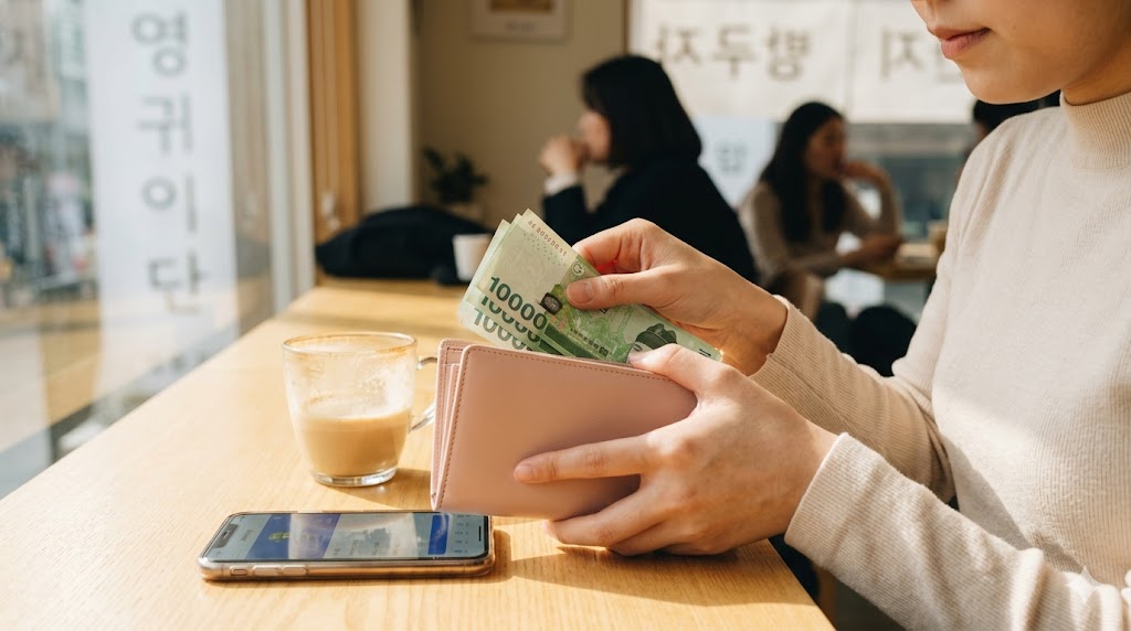 ソウルのカフェで、韓国ウォン紙幣（1万ウォン札など）を財布に入れる日本人女性の手元。漢数詞を使った値段の読み方とお金の表現を学習する文脈。SEOキーワード：韓国語、値段、漢数詞、ウォン、お金、カフェ、旅行会話