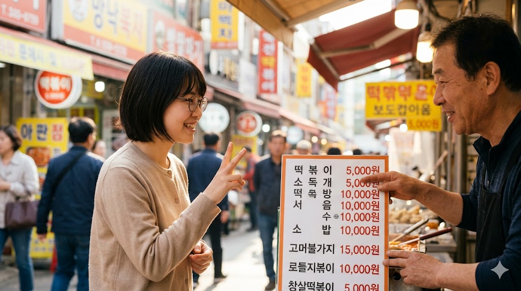 韓国の活気ある屋台で、笑顔で注文する日本人女性。メニューボードには漢数詞で価格が記載されており、日付、値段、電話番号で使われる漢数詞の基礎を学ぶ文脈を表現。SEOキーワード：韓国語、漢数詞、値段、屋台、旅行会話