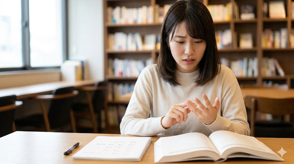 韓国語の数字（固有数詞）の勉強に苦戦しつつも、指を折りながら熱心に数える日本人女性。