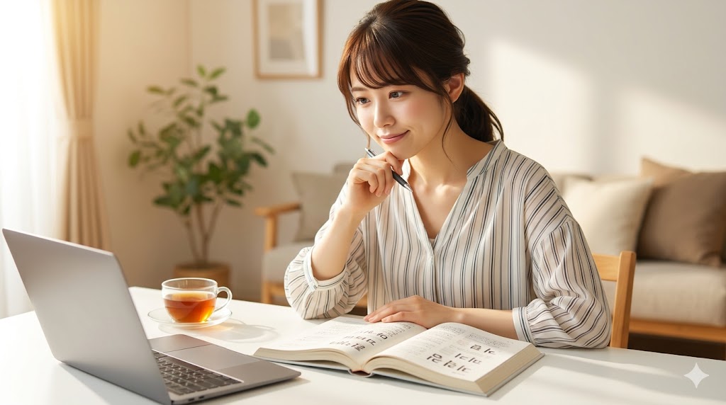 デスクで韓国語のテキストと向き合い、前向きな表情で勉強する日本人の女性。韓国語学習の壁を乗り越えるイメージ。
