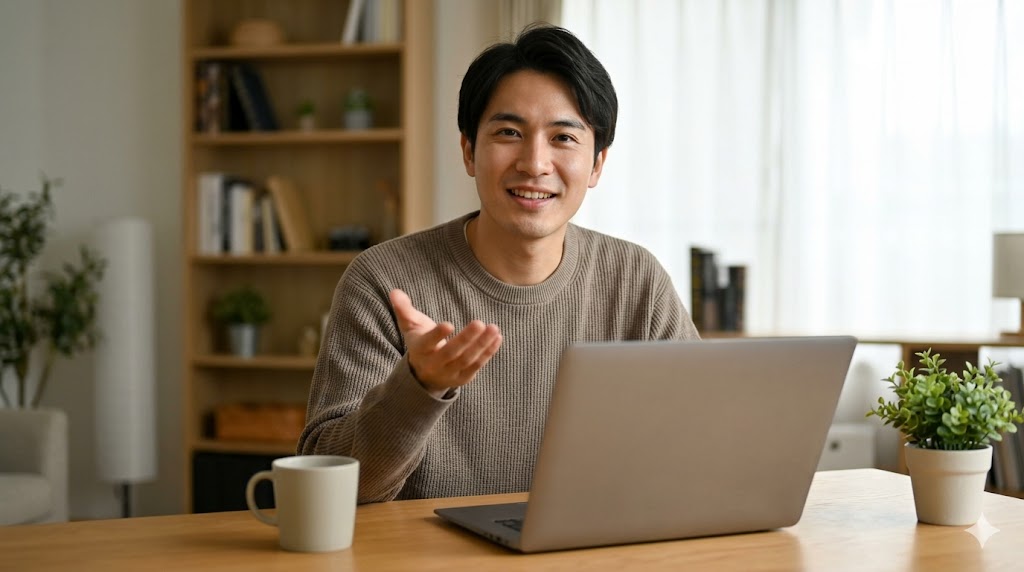 韓国語ブログ「ハングルライフ」運営者ホシの挨拶。木目調のデスクで笑顔を見せる日本人男性の様子。