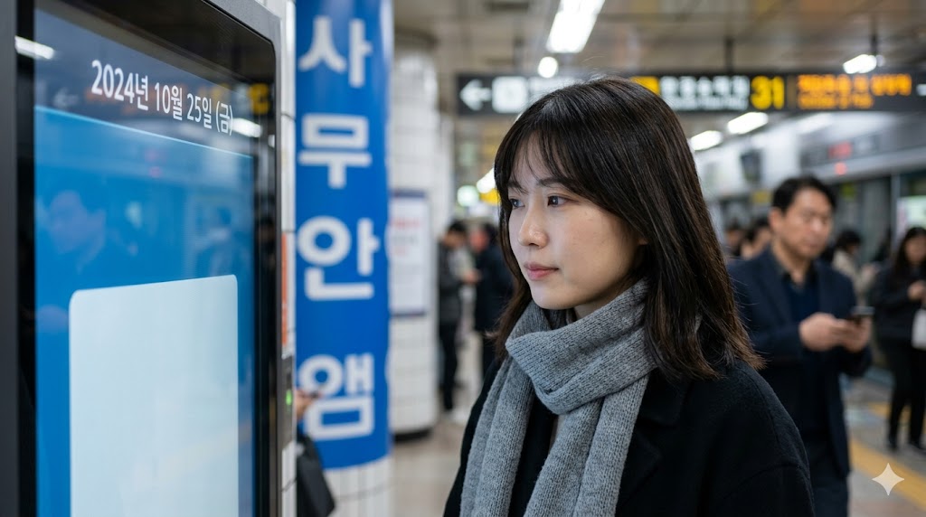 ソウルの地下鉄駅で、デジタルサイネージに表示された日付（2024年10月25日）を確認する日本人女性。漢数詞を使った日付表現の学習において、6月（ユウォル）と10月（シウォル）の発音例外を意識する場面。SEOキーワード：韓国語、日付、漢数詞、発音、例外、10月、地下鉄