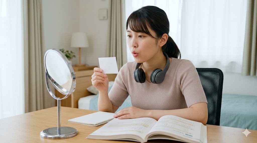 自宅のデスクで、韓国語の単語帳を見ながら口を「한（ハン）」の形にして発音練習をする日本人女性。