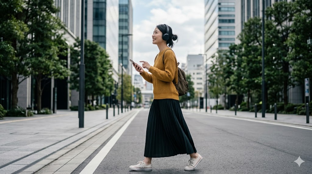 ヘッドホンで音楽を聴きながら（듣다）、街中をリラックスして歩く（걷다）日本人女性の日常生活の一コマ。ㄷ変則する代表的な動詞「듣다」と「걷다」の使用シーンをイメージした画像。
