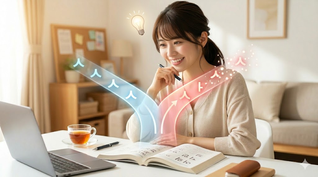 デスクで韓国語のテキストに取り組む日本人女性。彼女の目の前に、母音接続で「ㅅ」パッチムが脱落し、消えていく様子を視覚化した概念図がホログラムのように浮かび上がっている。ルールを理解して明るい表情