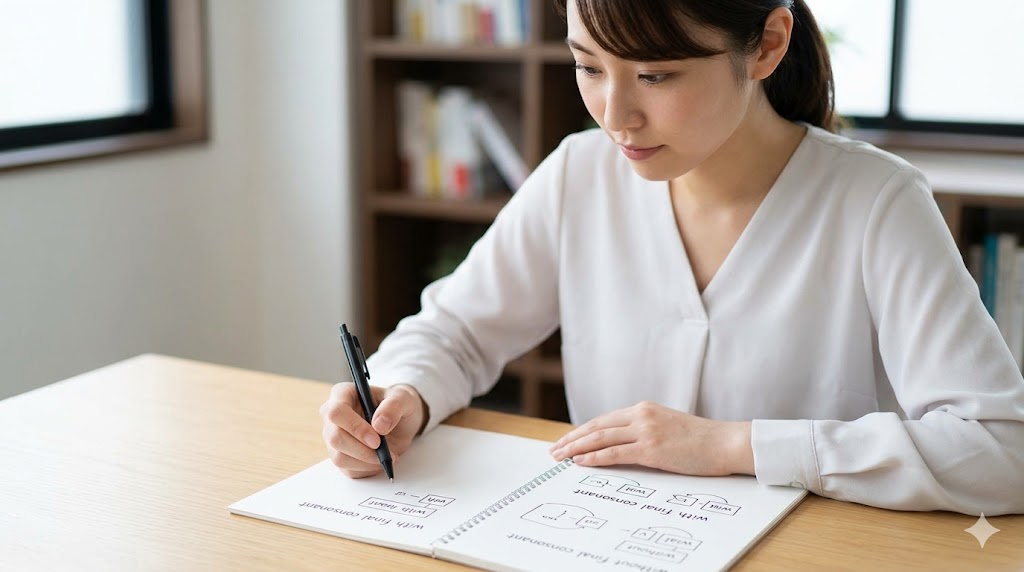カフェで韓国語の接続表現を楽しく学習する日本人女性のイメージ