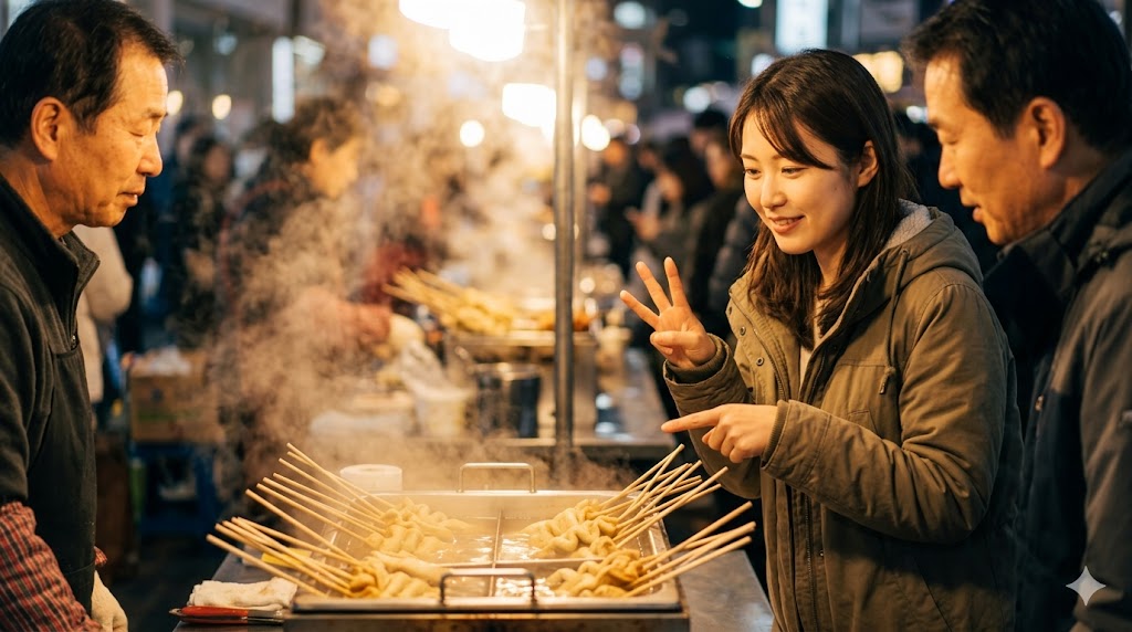 夜の韓国の屋台で、店員におでんを指差し、「3本」を意味する指を立てて注文する日本人女性。