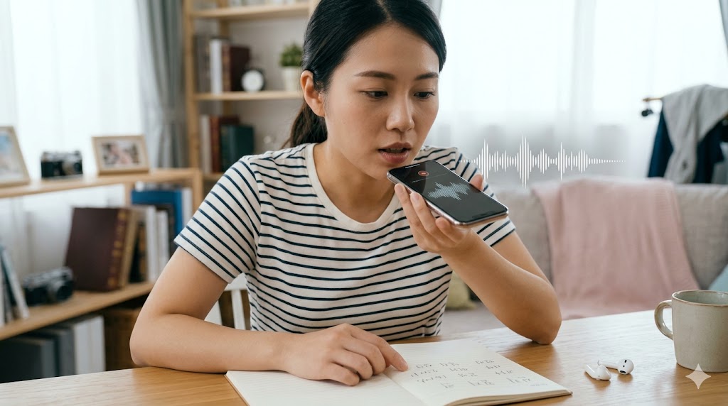 スマートフォンの録音機能を使い、韓国語のヘヨ体フレーズ（例：「들어요」）を口に出して録音する日本人女性。単語を文字だけでなく、音の連続（リズム）として口の筋肉に記憶させる効果的な学習法を実践している。