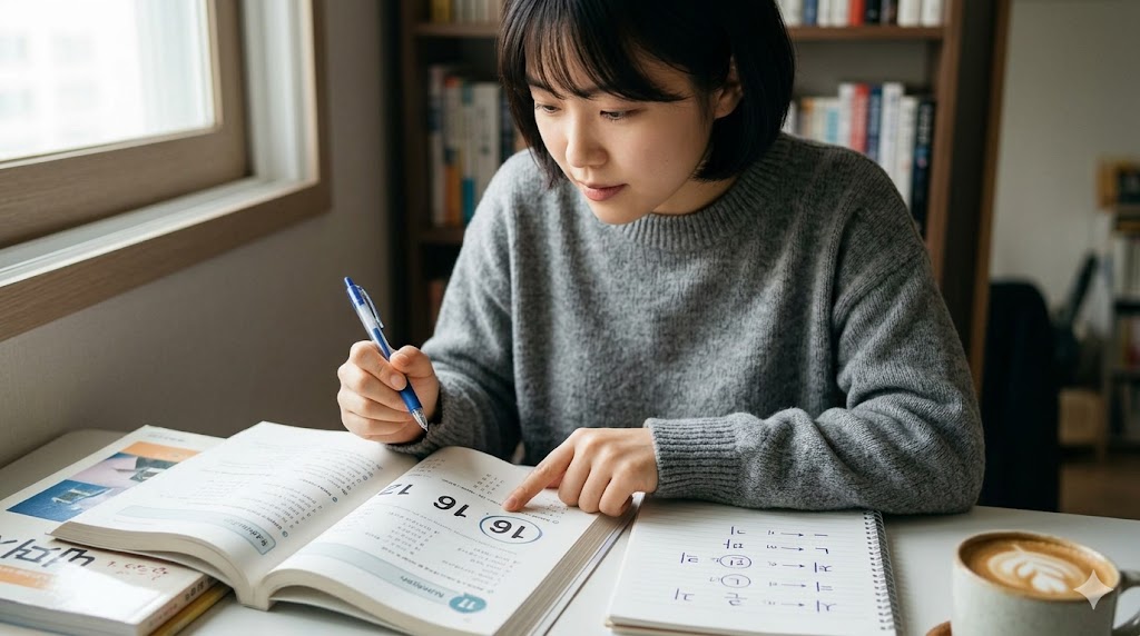 自宅で韓国語のテキストを広げ、「16」の特殊な発音変化（シムニュク）を熱心に学習する日本人女性。漢数詞の「にえん挿入」と「鼻音化」のルールをノートにまとめて理解しようとしている。SEOキーワード：韓国語、数字、16、発音、例外、鼻音化、学習、自宅