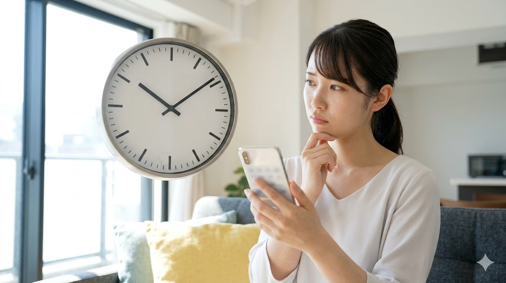 アナログ時計とスマートフォンの画面を見比べ、「〇時〇分」の読み方の切り替えに困惑する日本人女性。