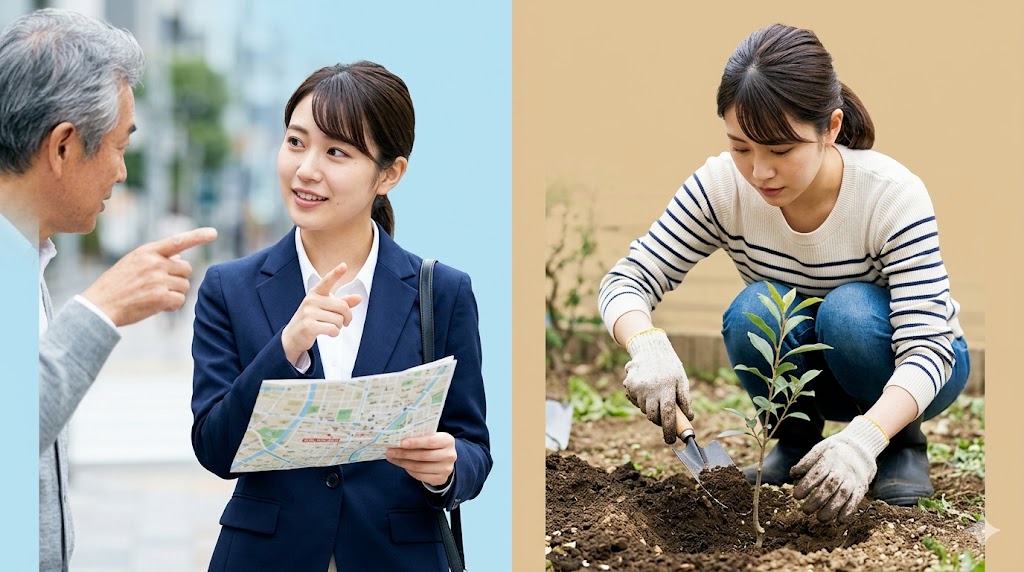 同じ「묻다」という単語でも、道を尋ねる（尋ねる：ㄷ変則する）シーンと、土に埋める（埋める：例外・変化しない）シーンを並べた画像。文脈によって活用が変わる特殊な単語であることを視覚的に表現。