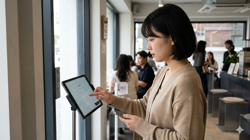 ソウルのカフェのウェイティングシステムで、タブレットに電話番号を入力する日本人女性。韓国の電話番号の読み方（0はコン、ハイフンはエ）と漢数詞の使い分けを実践する場面。SEOキーワード：韓国語、電話番号、漢数詞、ハイフン、読み方、コン、カフェ、ウェイティング