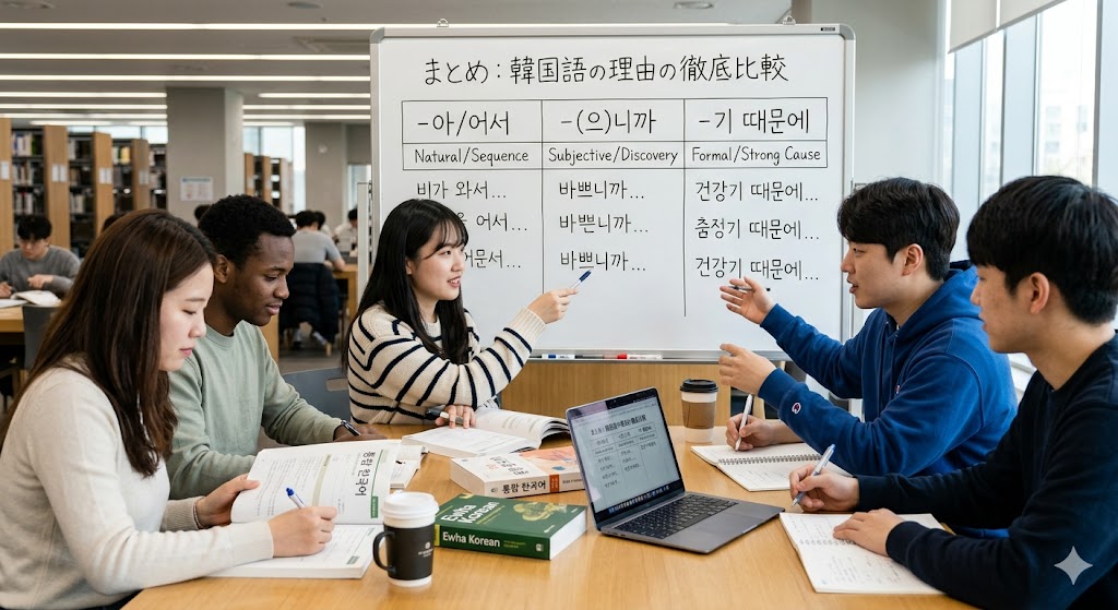 まとめ：韓国語の理由の徹底比較：「-아/어서」「-(으)니까」「-기 때문에」の画像を生成して。実際の人間の写真にしてください