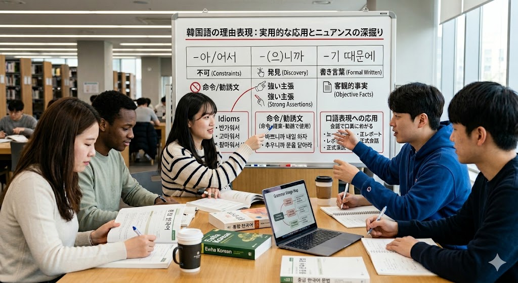 韓国語の理由の徹底比較：「-아/어서」「-(으)니까」「-기 때문에」の応用