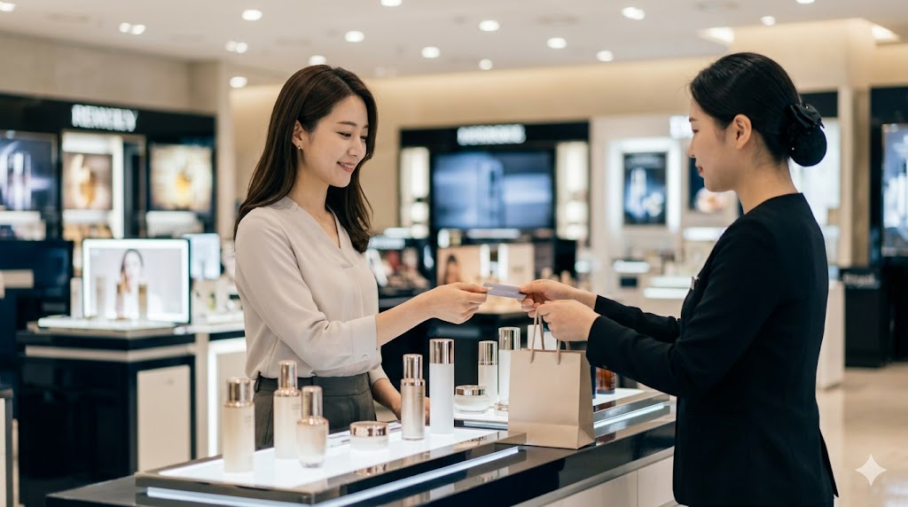 韓国のデパートの化粧品売り場で、大きな金額の買い物をし、店員にクレジットカードを渡して支払う日本人女性。