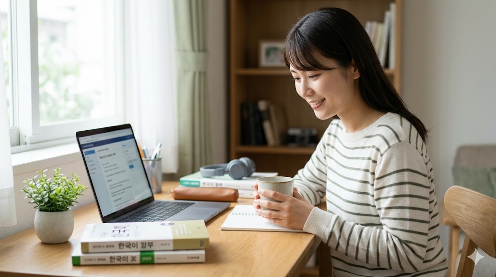 韓国語のㄷ変則の学習を終え、充実した表情で参考書を閉じる日本人女性。デスクにはノート、ペン、マグカップが置かれ、集中した学習の後のリラックスした様子が、不規則活用マスターへの一歩を表現している。