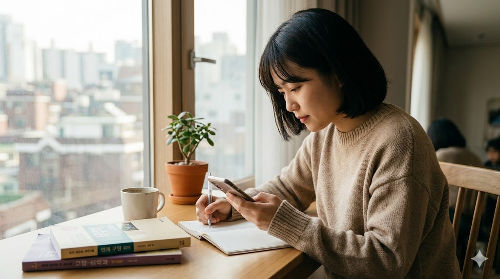 ソウルの自宅で、スマホを見ながら自分の電話番号を韓国語（0はコン、ハイフンはエ）で言う練習をする日本人女性。電話番号だけでなく、部屋番号や口座番号の「0」も「コン」と読むルールを学習中。SEOキーワード：韓国語、電話番号、ゼロ、コン、漢数詞、ハイフン、練習、自宅