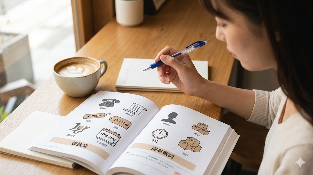カフェで韓国語のテキストを広げ、漢数詞と固有数詞の違いを学習する日本人女性の手元。テキストには、電話番号（漢数詞）と個数・年齢（固有数詞）の使い分けが分かりやすいイラストで示されている。SEOキーワード：韓国語、使い分け、漢数詞、固有数詞、学習、違い