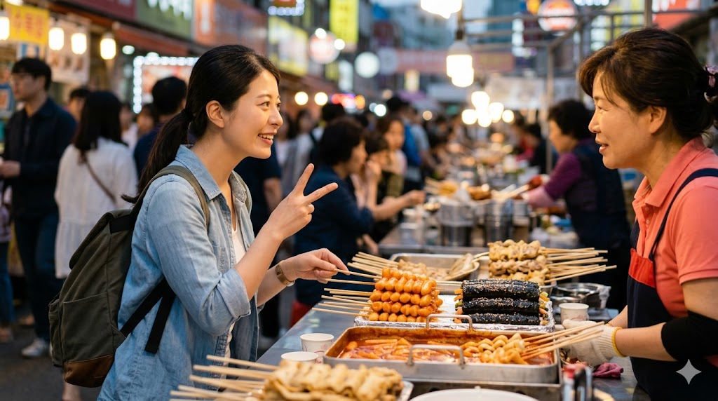 韓国の活気ある市場で、屋台の店員に指を2本立てて「2個」注文する日本人女性。