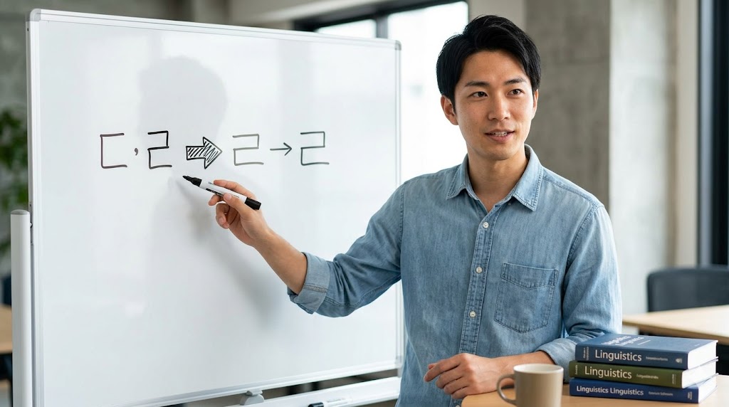 韓国語のㄷ変則ルールをホワイトボードを使って説明する日本人講師。ㄷパッチムがㄹに変化する仕組みを、図解と矢印で分かりやすく解説しており、発音のしやすさが理由であることを伝えている。