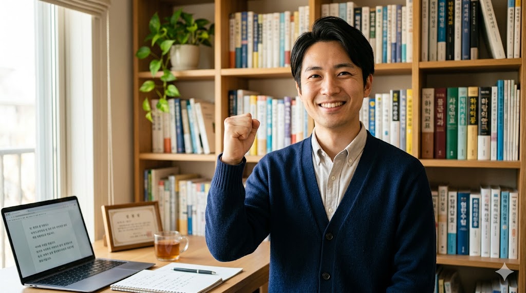 韓国語講師ホシが、学習者に向けて優しく、鼓舞するような笑顔（ファイティン！）を見せる、まとめのシーン。E-E-A-T向上のための励ましのビジュアル。