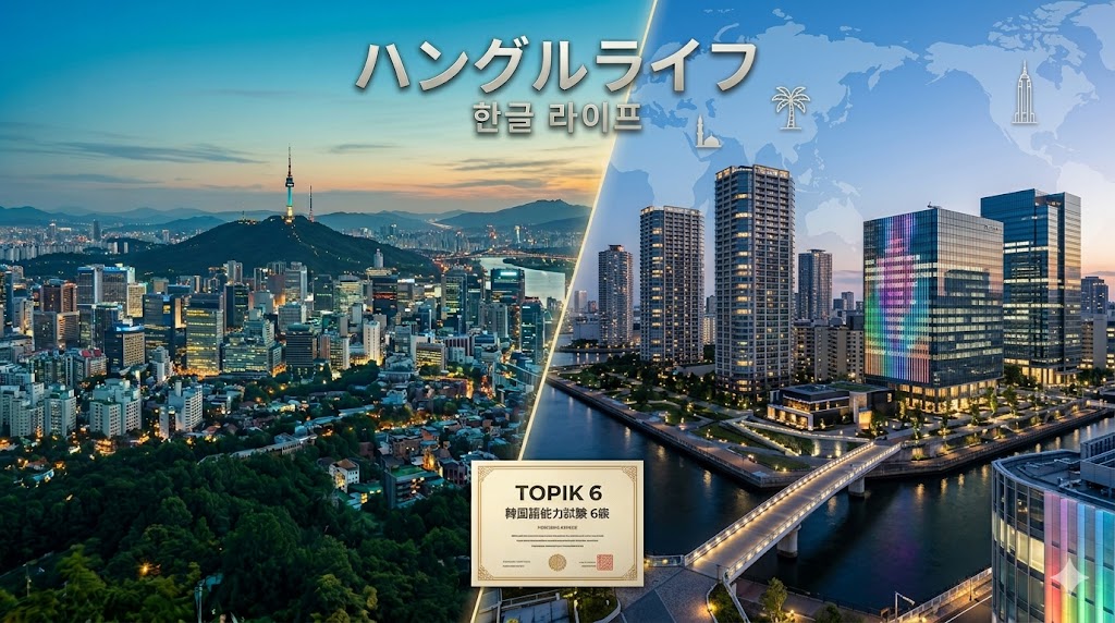 「ハングルライフ」のバナー画像。左側にNソウルタワーの見える夕暮れのソウルの街並み、右側に現代的な高層ビルと虹色ライトアップの都市夜景を対比。中央下に「TOPIK 6 韓国語能力試験 6級 合格」の証明書（氏名ホシ）を配置。上部にタイトルテキストと世界地図アイコン。